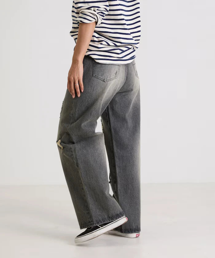 Flower Embroidery Wide Denim