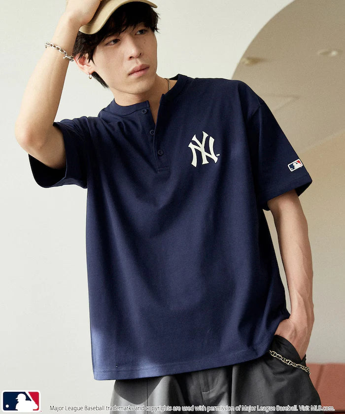 Limited Edition MLB Logo Print Henley Neck Oversized T-Shirt