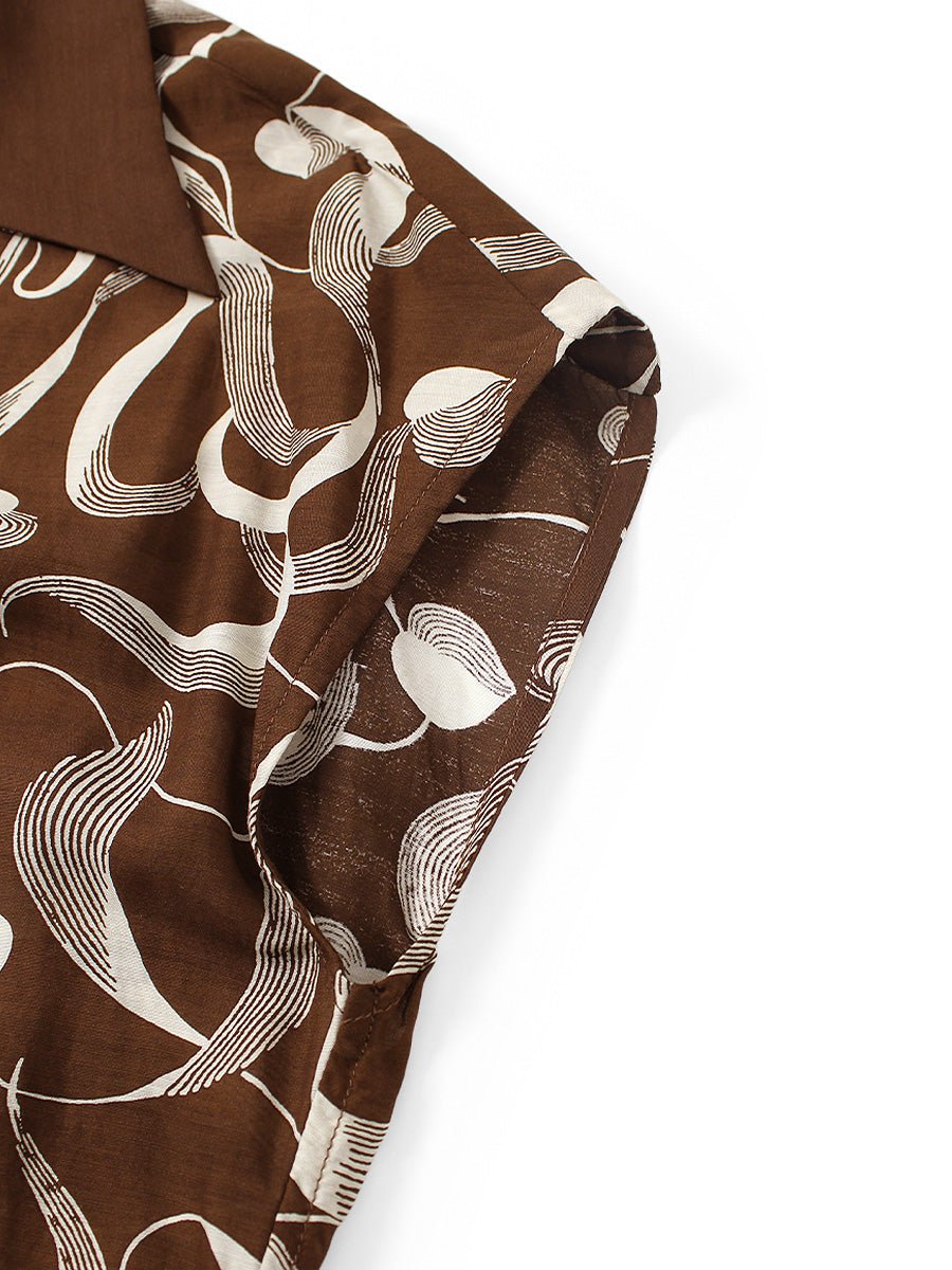 Silk Rayon Okra Pattern French Sleeve Open Collar Shirt