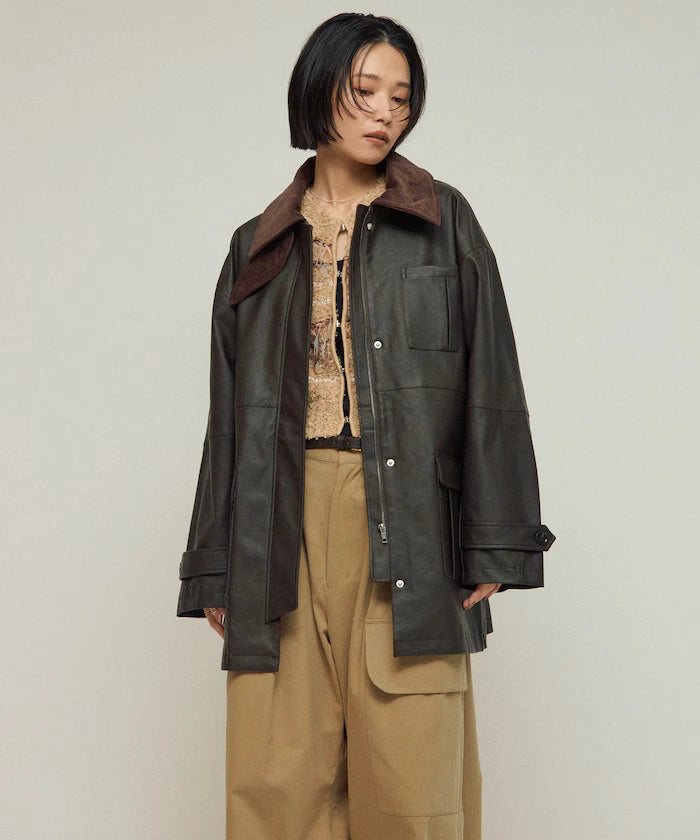 Oversized Crush Leatherette Jacket / Collar Corduroy