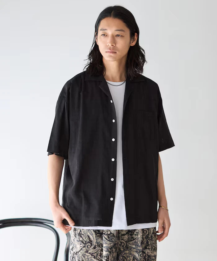 Jacquard Relaxed Fit Open Collar Short Sleeve Shirt Semi-Sheer Dobby Weave