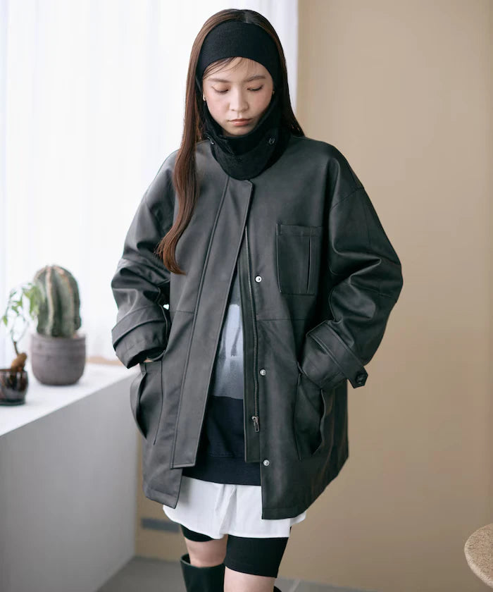 Oversized Crush Leatherette Jacket / Collar Corduroy