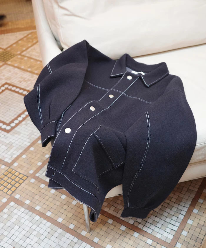 Oversized Wool Blend Knit Coverall / Color Stitch Knit Jacket