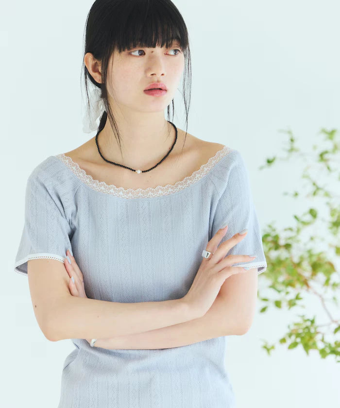 Boat Neck Pullover Knit Lace T-Shirt