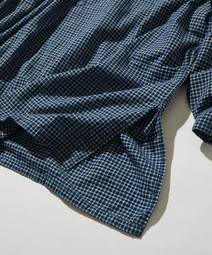 Indigo Madras Check Pullover Stand Collar Shirt