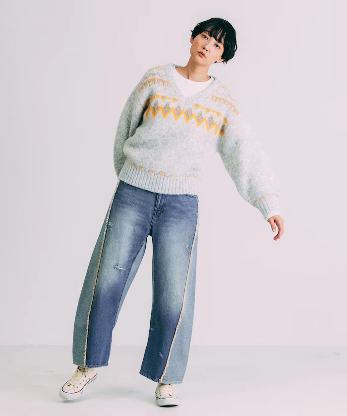 V-neck color block Nordic pattern knit