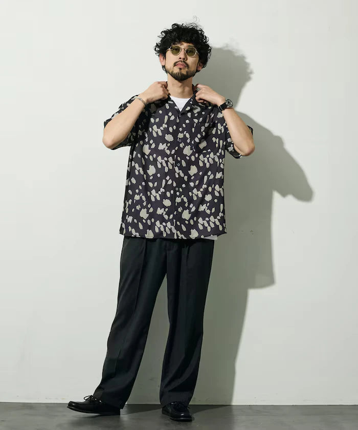 Mesh Open Collar Pattern Short Sleeve Shirt / Allover Design Open Collar Shirt / Big Silhouette