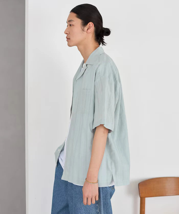 Jacquard Relaxed Fit Open Collar Short Sleeve Shirt Semi-Sheer Dobby Weave