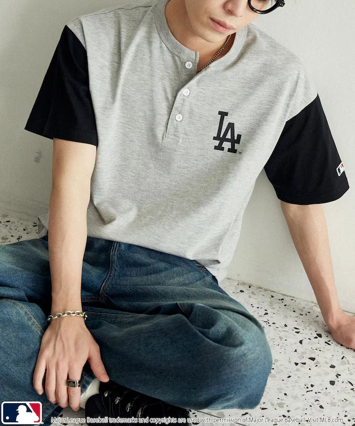 Limited Edition MLB Logo Print Henley Neck Oversized T-Shirt