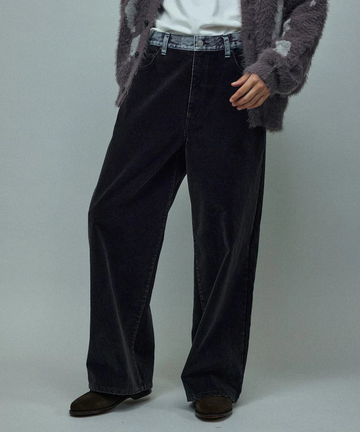 Flocked Denim Contrast Wide Straight Pants