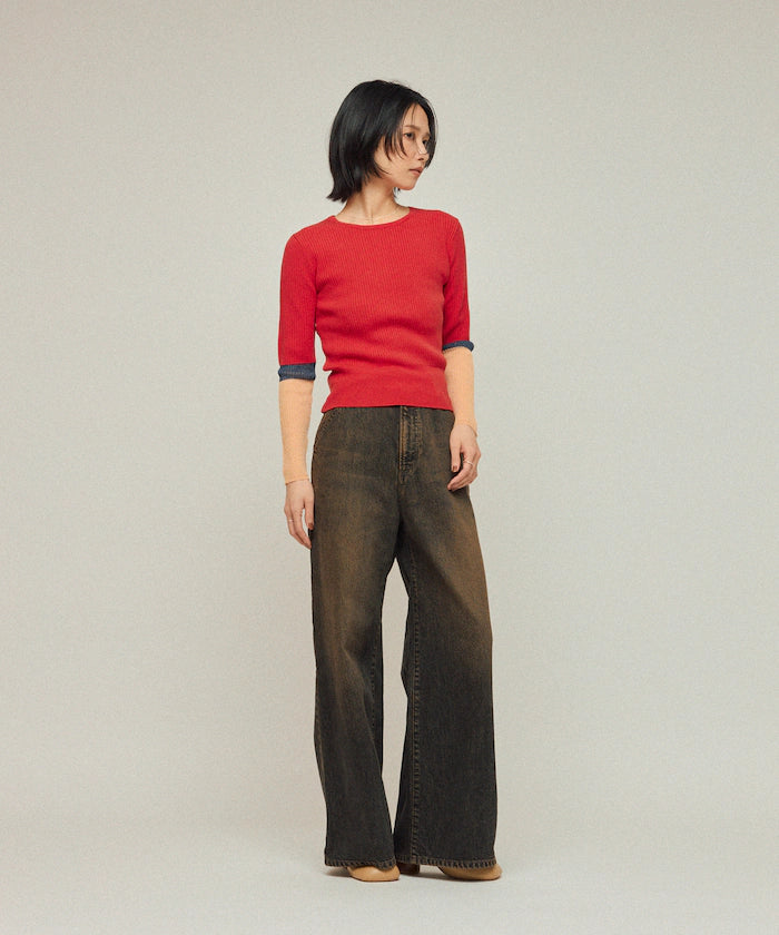 Functional material silk blend color block knit pullover / anti-pill / machine washable