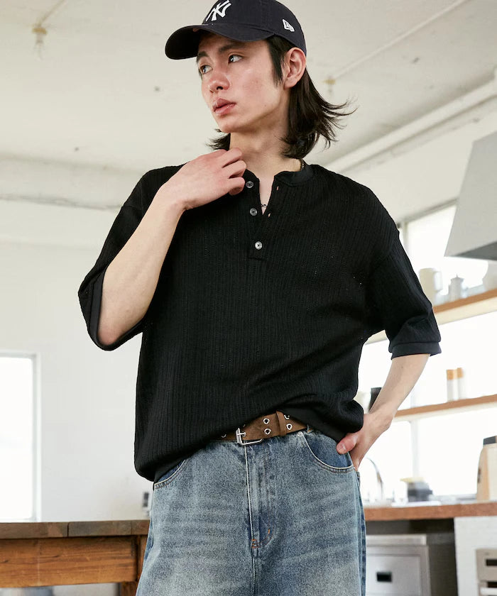LOVE POP STUDIO Pattern Mesh Henley Neck T-Shirt Limited Release