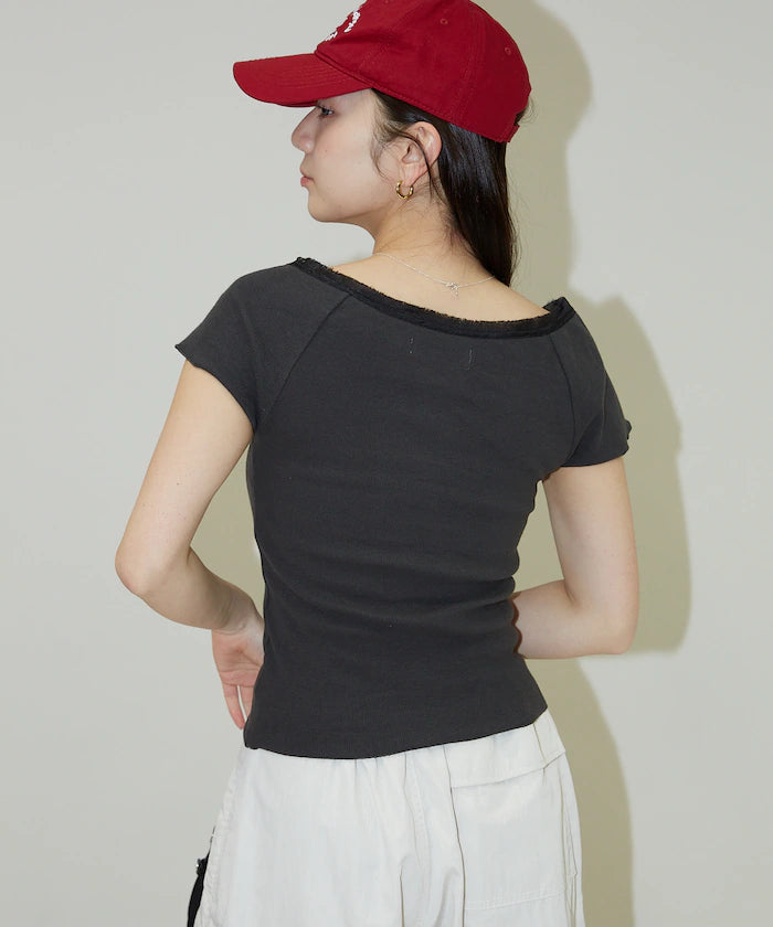 Collar Lace Contrast Henry Rib T-Shirt