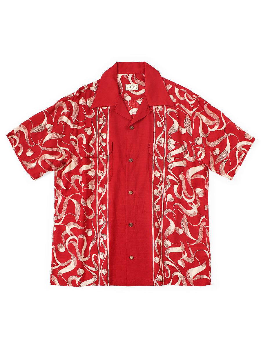 Silk rayon okra pattern short-sleeve open-collar shirt