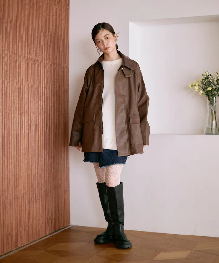 Oversized leatherette blouson / Mixed material switching
