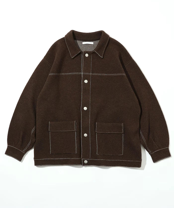 Oversized Wool Blend Knit Coverall / Color Stitch Knit Jacket