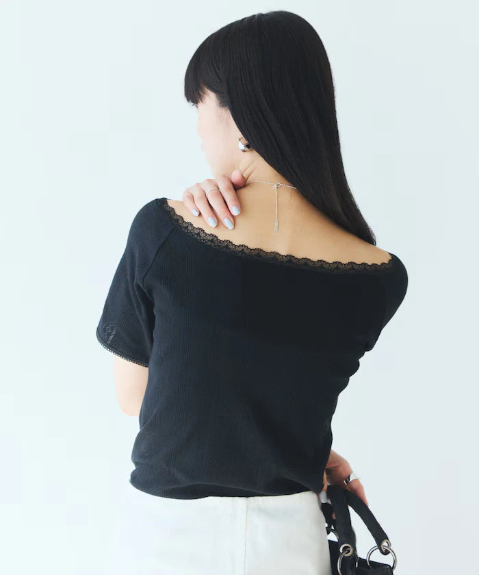 Boat Neck Pullover Knit Lace T-Shirt