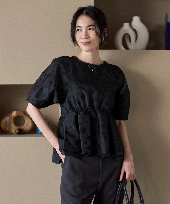 Flower Sheer Jacquard Volume Sleeve Peplum Blouse / 5 Minutes Sleeve