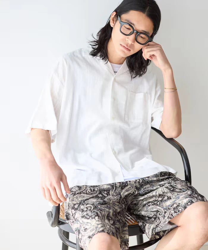 Jacquard Relaxed Fit Open Collar Short Sleeve Shirt Semi-Sheer Dobby Weave