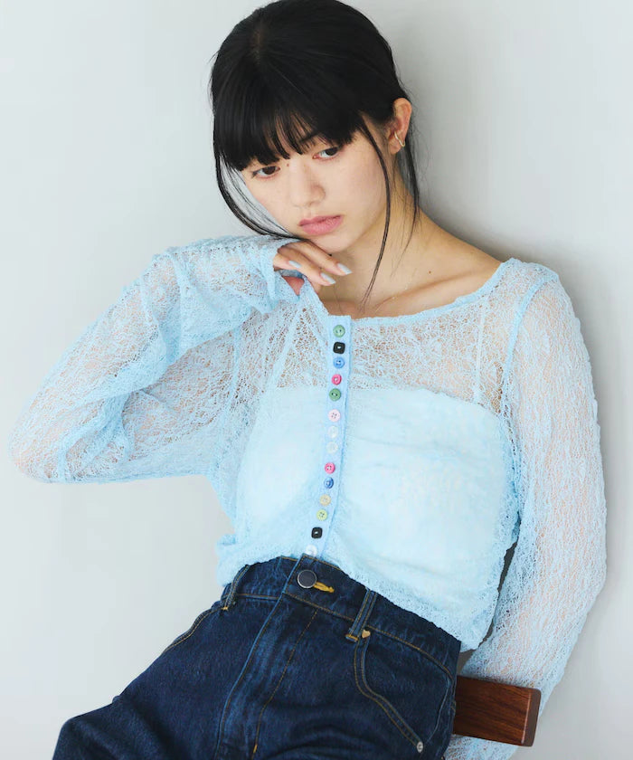 Many Button Lace Shirring Cardigan