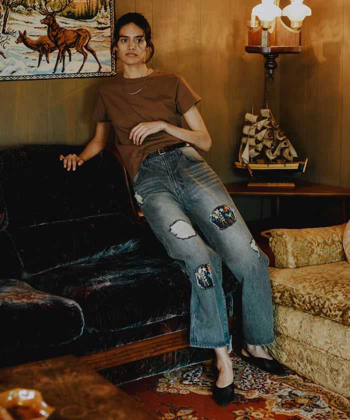 Flower Embroidery Wide Denim