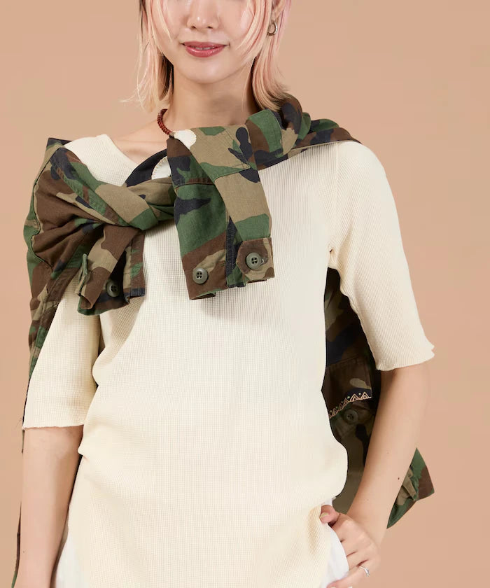 Ribbon Tied 2WAY Waffle 5 Sleeve T-Shirt