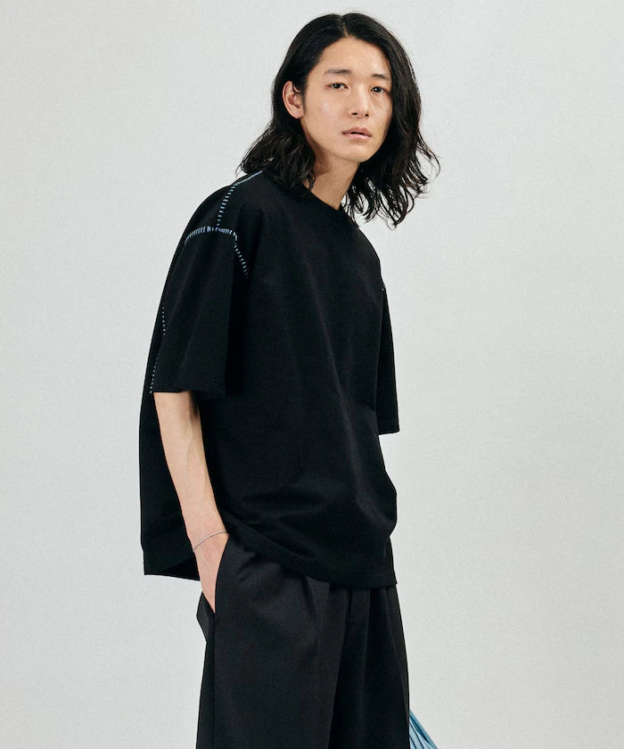 Box Silhouette Contrast Ladder Stitch Crew Neck T-Shirt