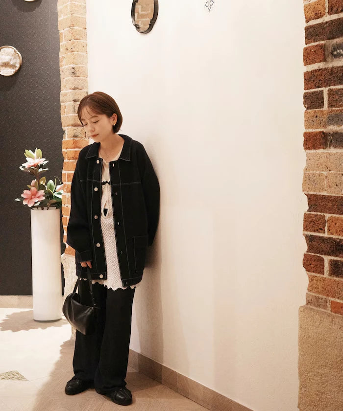 Oversized Wool Blend Knit Coverall / Color Stitch Knit Jacket
