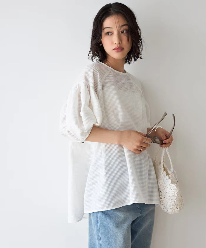 Sheer Check Balloon Sleeve Blouse