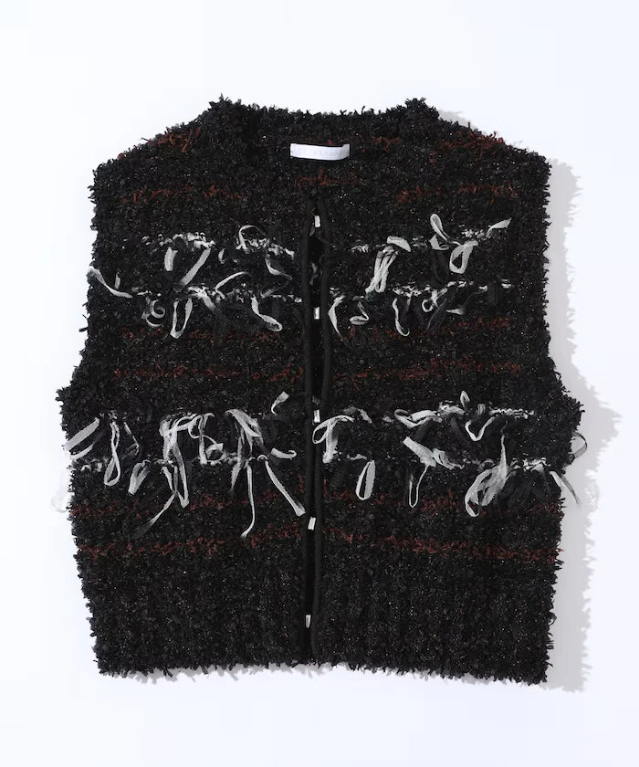 Mixed Material Fringe Knit Vest / Striped Knit Gilet