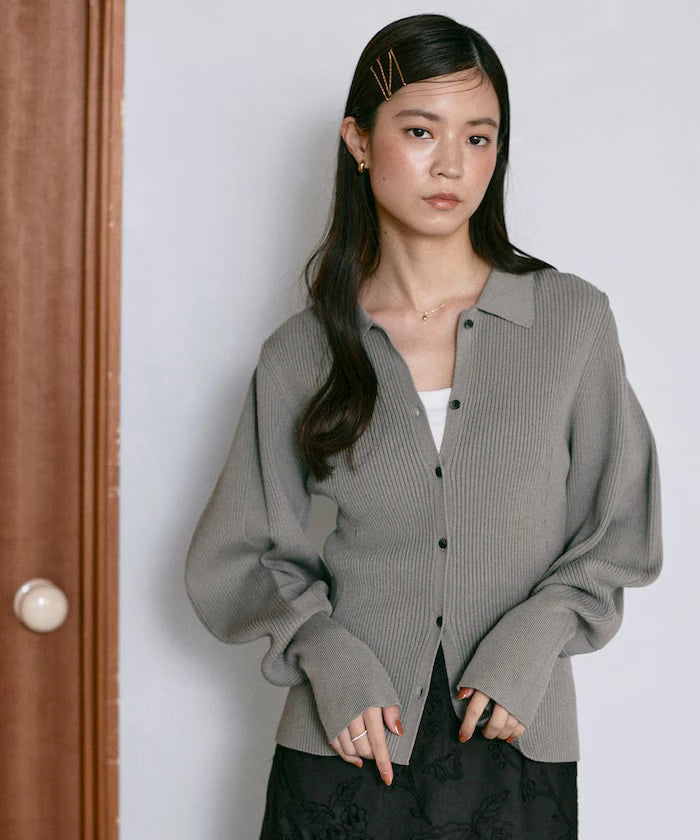 Functional material silk blend knit polo volume sleeve knit cardigan / anti-pill / machine washable