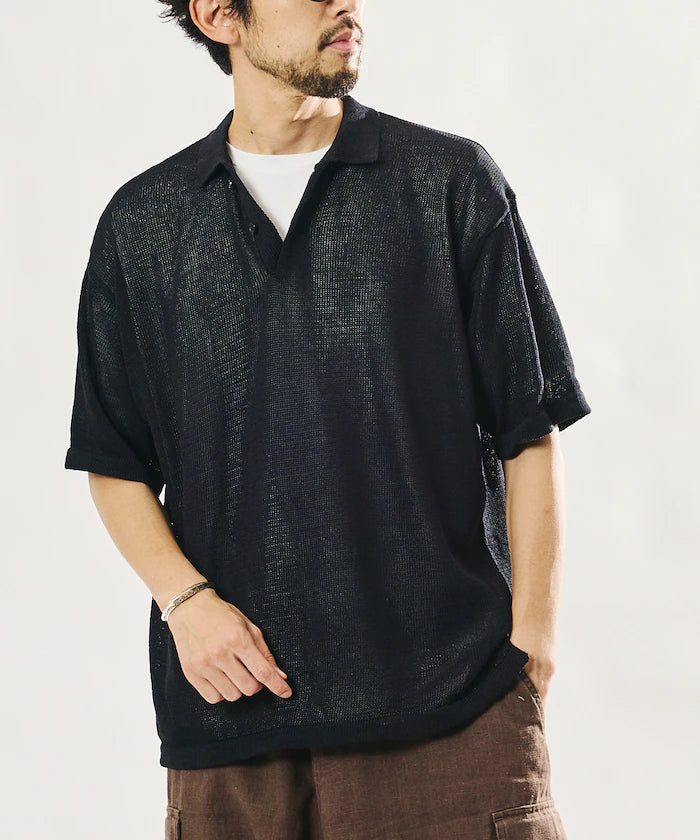 Sheer Knit Polo Shirt & Cotton T-Shirt Layered Set