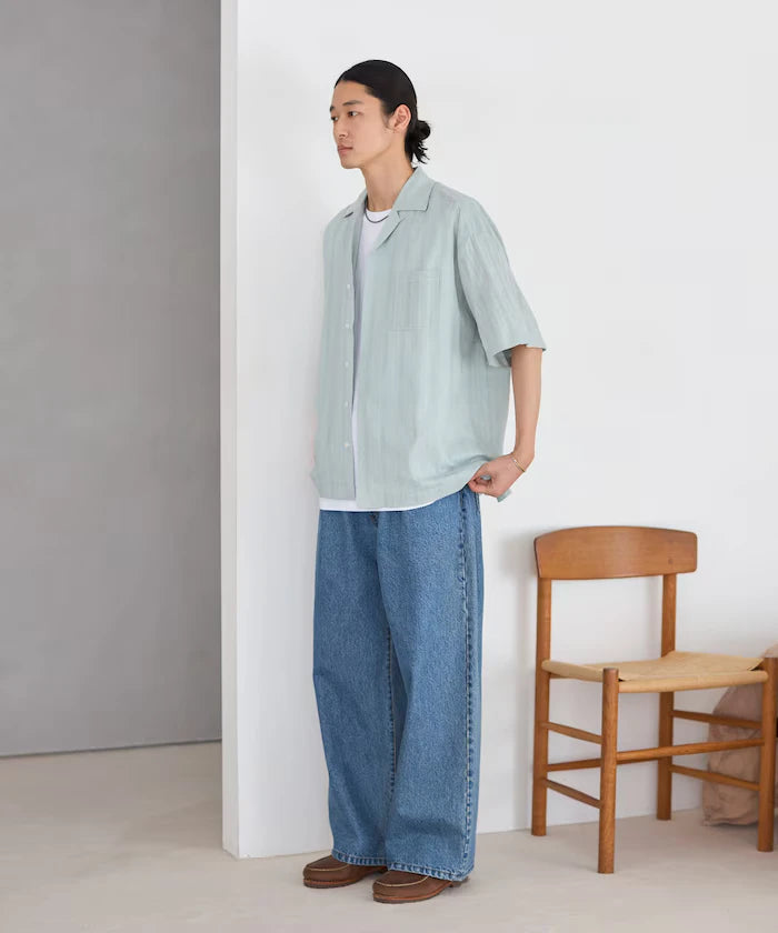 Jacquard Relaxed Fit Open Collar Short Sleeve Shirt Semi-Sheer Dobby Weave