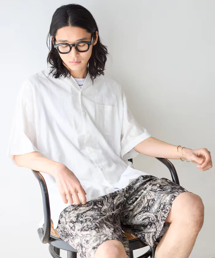 Jacquard Relaxed Fit Open Collar Short Sleeve Shirt Semi-Sheer Dobby Weave