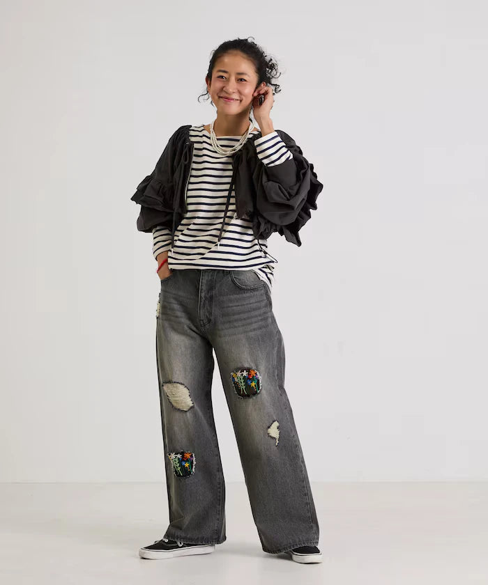 Flower Embroidery Wide Denim