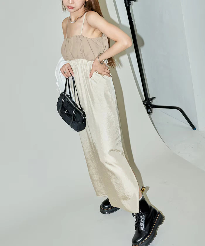 Mixed Material Shirring Satin Dress Limited Release