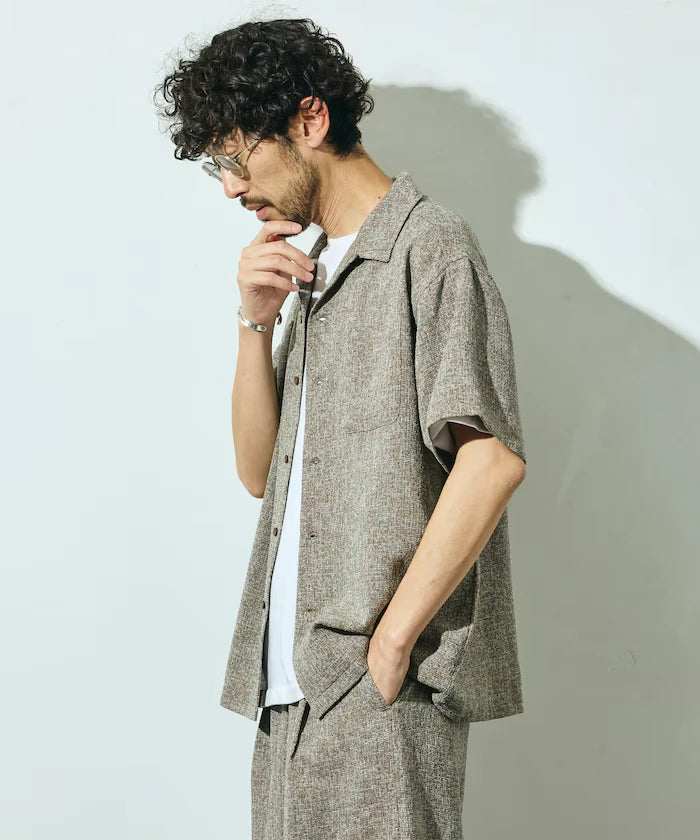 Dry Touch Summer Tweed Short Sleeve Open Collar Shirt