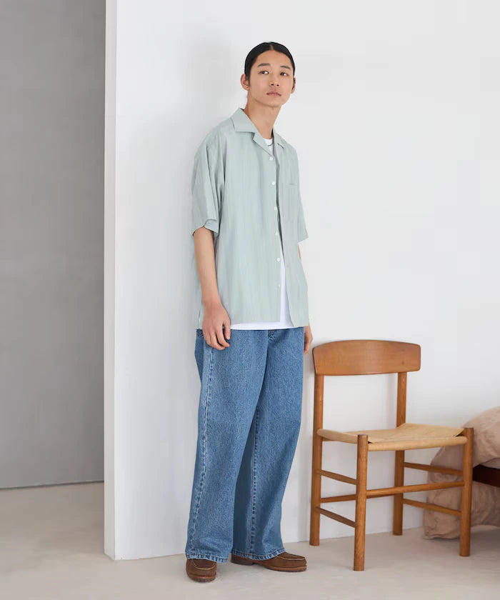 Jacquard Relaxed Fit Open Collar Short Sleeve Shirt Semi-Sheer Dobby Weave