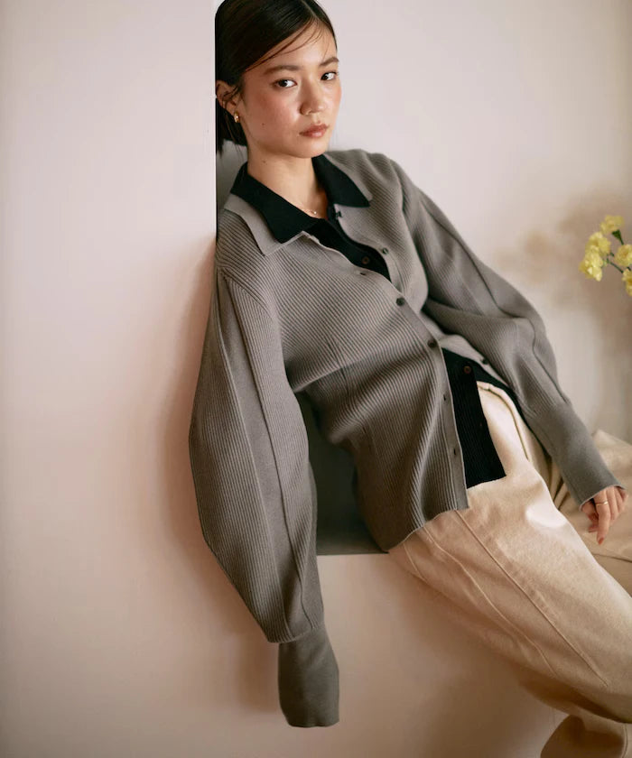 Functional material silk blend knit polo volume sleeve knit cardigan / anti-pill / machine washable