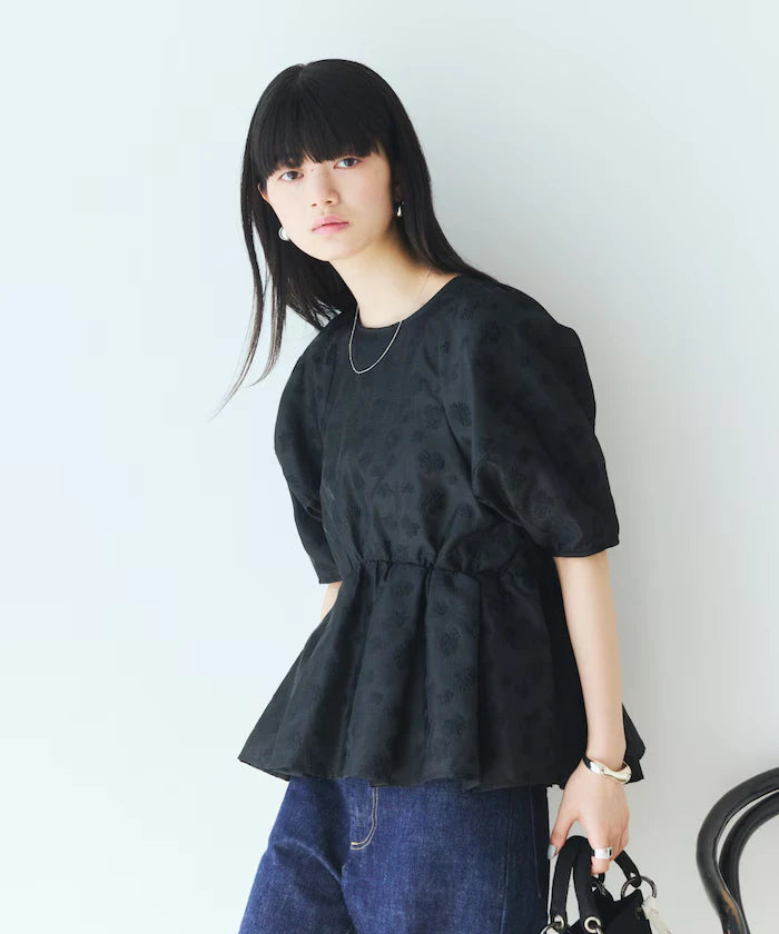 Flower Sheer Jacquard Volume Sleeve Peplum Blouse / 5 Minutes Sleeve