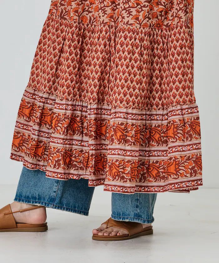 India Flower Print 4-Tiered Dress