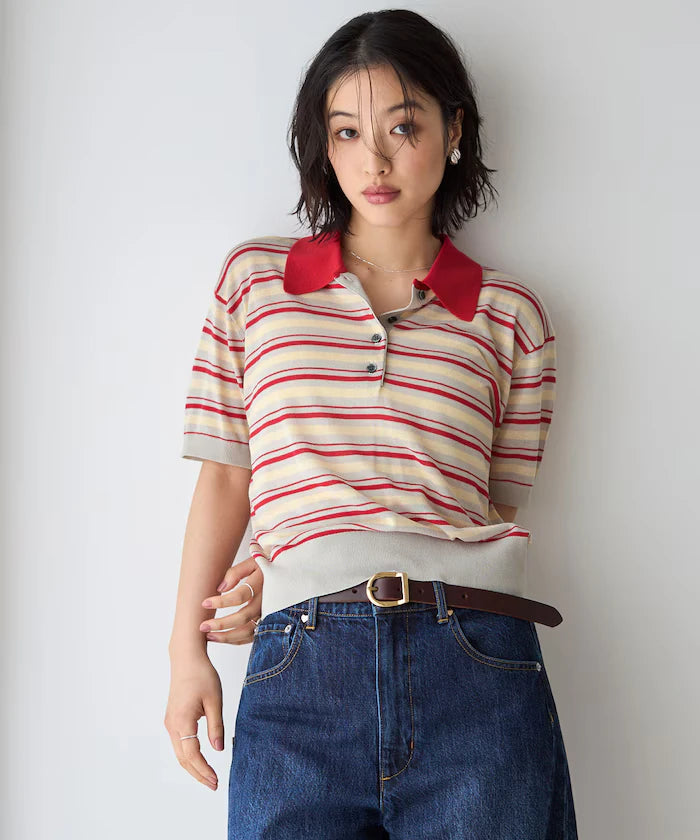 Relaxed Fit Color Design Polo Knit / Bicolor / Multi Stripe