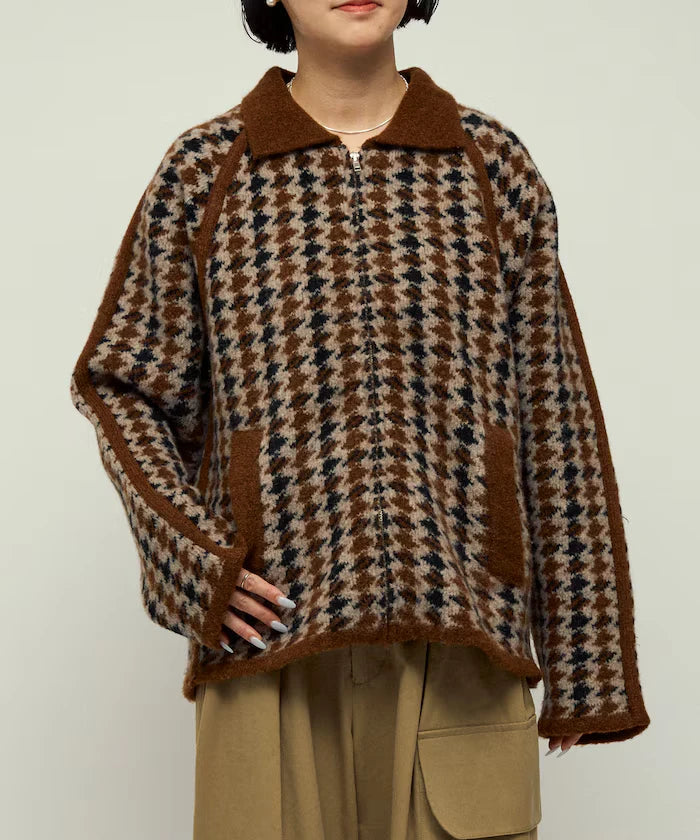 Wool Blend Gancube Check Knit Zip Blouson
