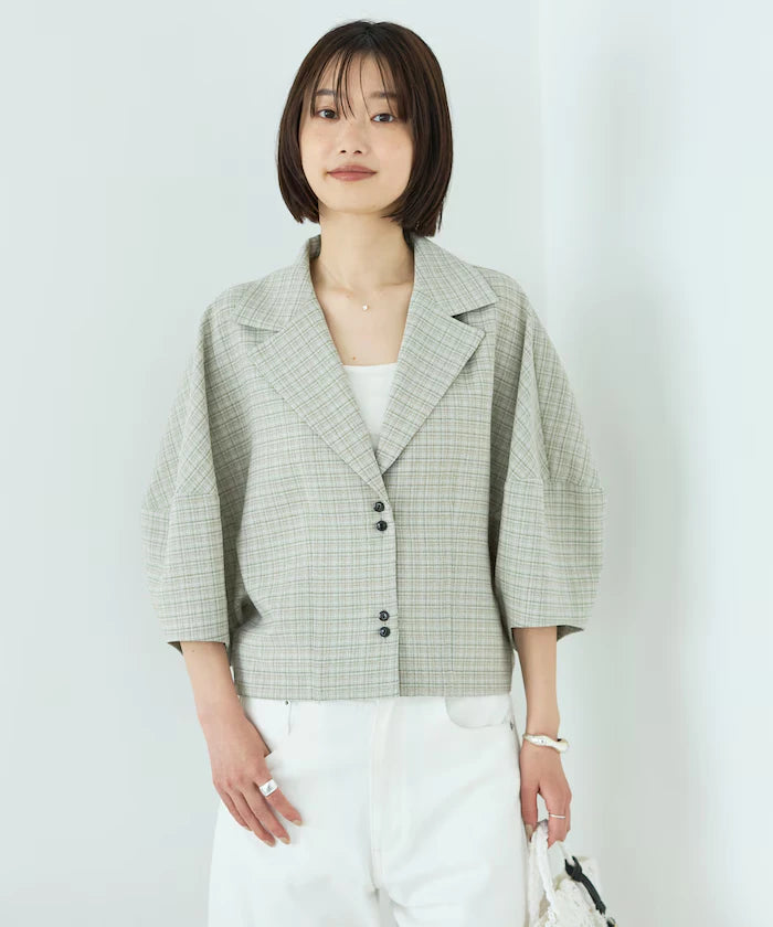Collar Check Balloon Sleeve Shirt / Compatible with Setup