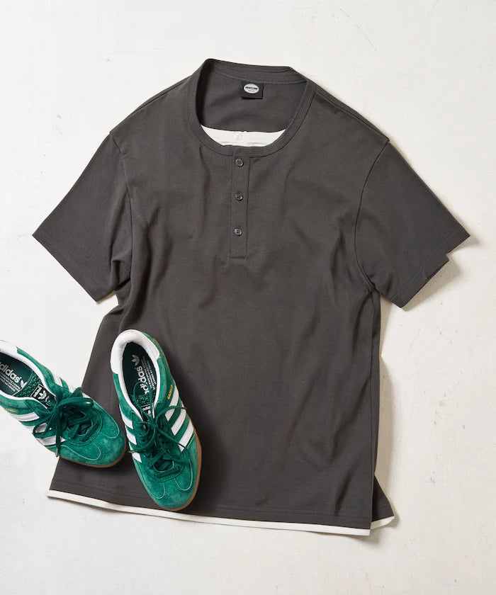Fake Layered Henry Neck Cut-and-sew Short Sleeve T-shirt [Limited Edition]