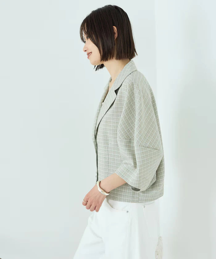 Collar Check Balloon Sleeve Shirt / Compatible with Setup