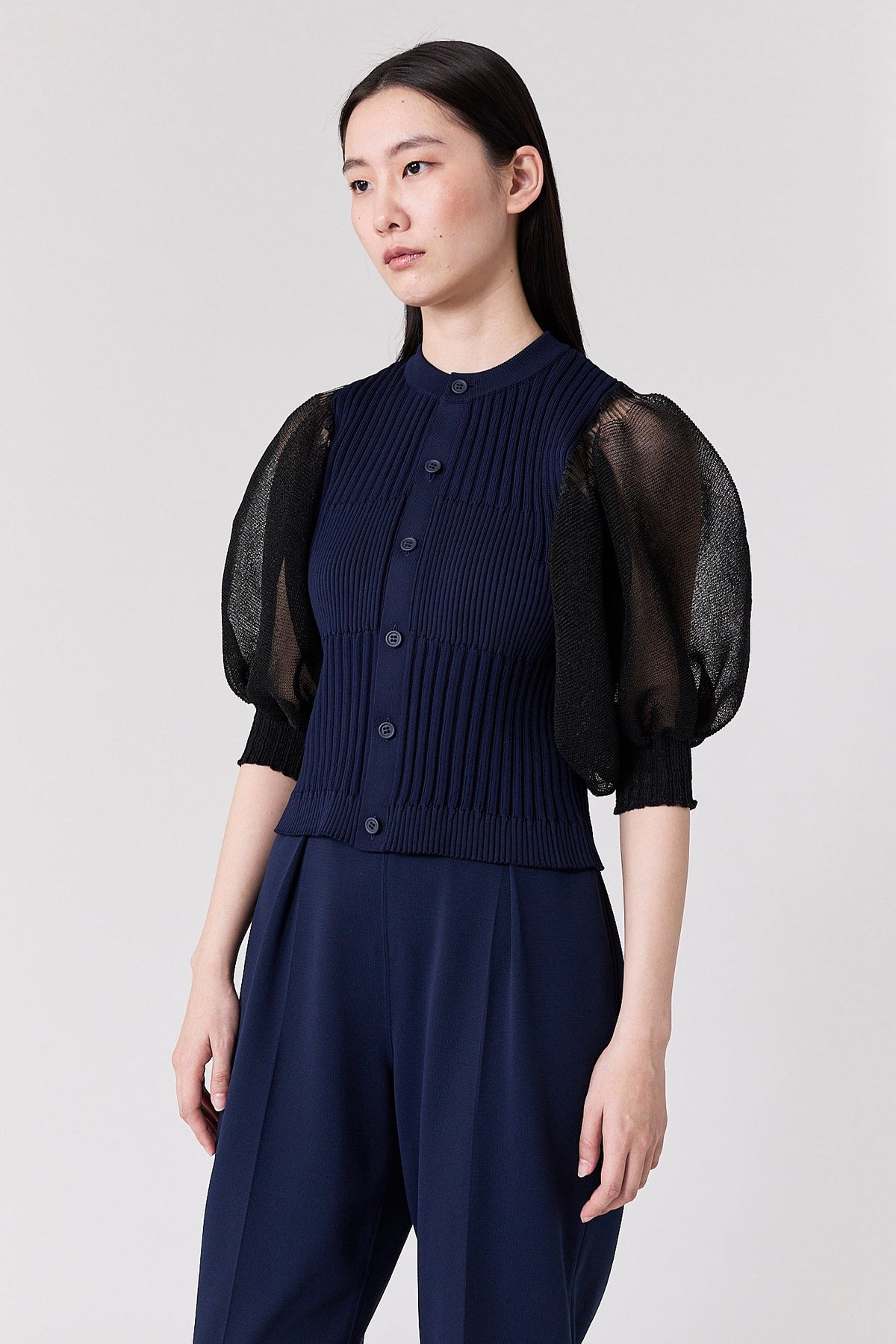 FLUTED LUCENT PUFF SLEEVE CARDIGAN