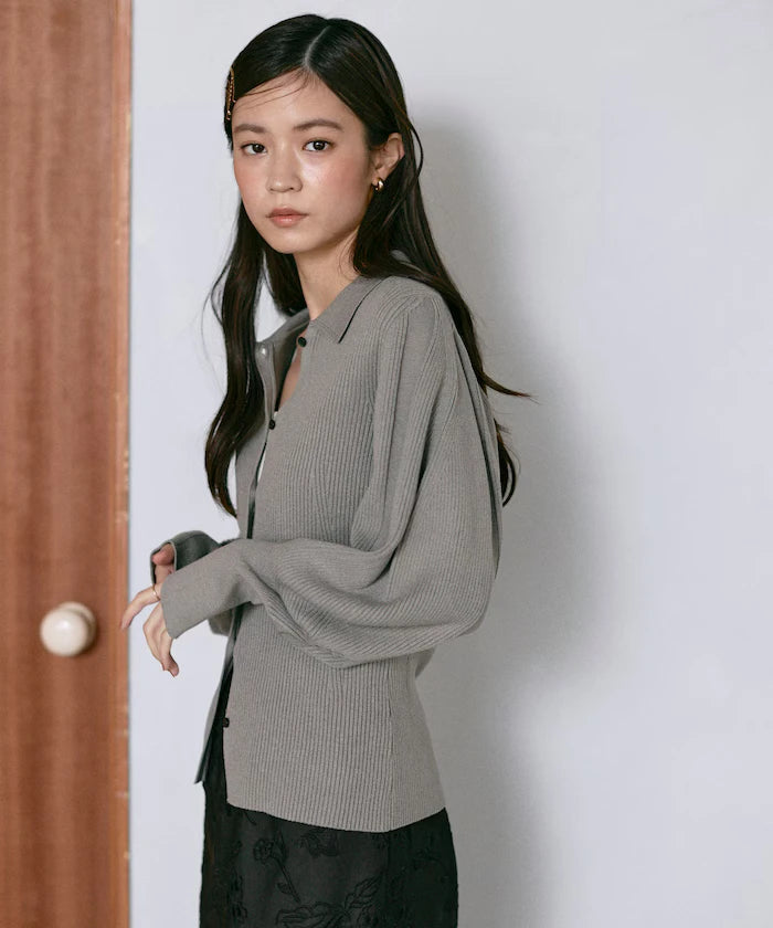 Functional material silk blend knit polo volume sleeve knit cardigan / anti-pill / machine washable