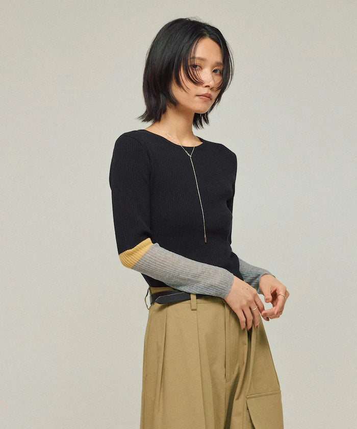Functional material silk blend color block knit pullover / anti-pill / machine washable