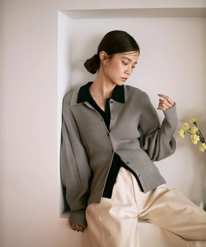 Functional material silk blend knit polo volume sleeve knit cardigan / anti-pill / machine washable